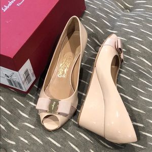 Ferragamo Nude Peep-Toe Heels
